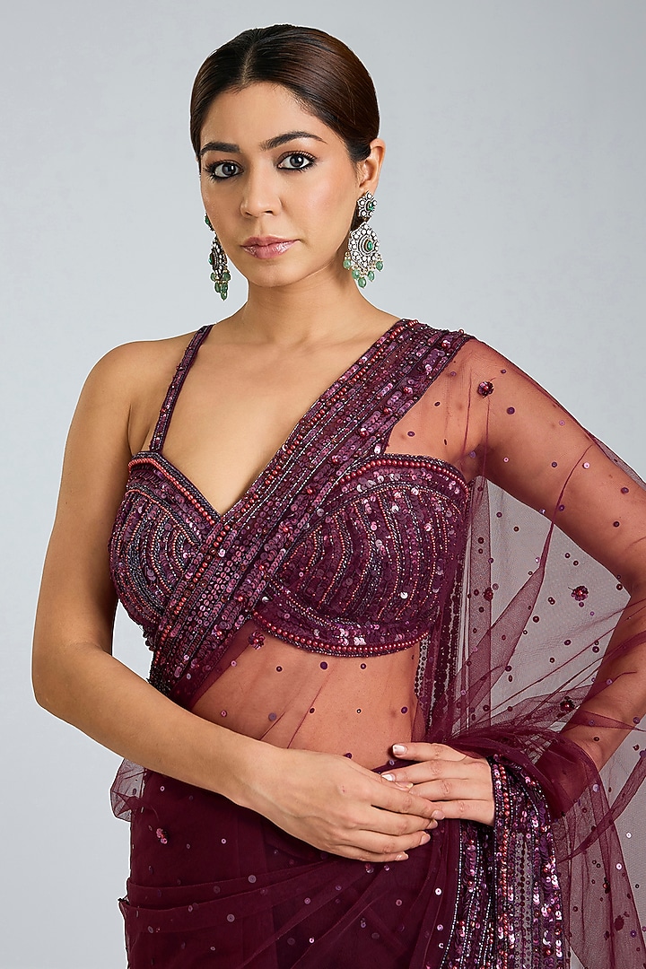 Crimson Red Net Embroidered Wedding Saree Set by Angad Singh at Pernia's Pop Up Shop
