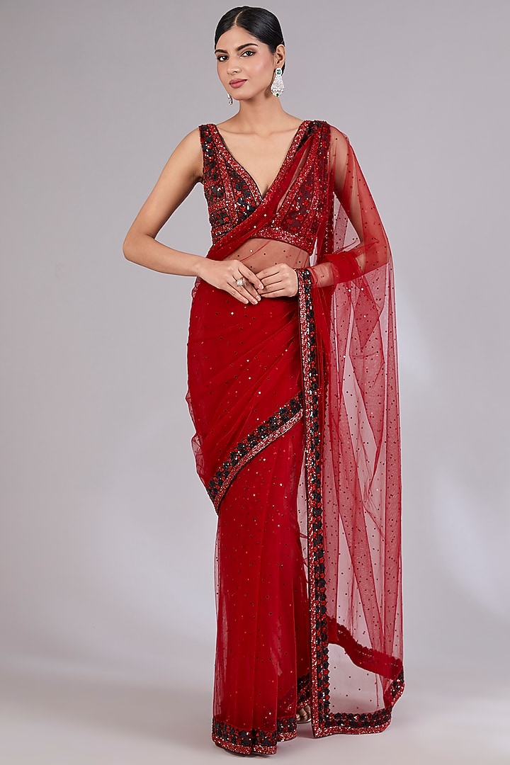 Red Net Wedding Saree Set by Angad Singh at Pernia's Pop Up Shop