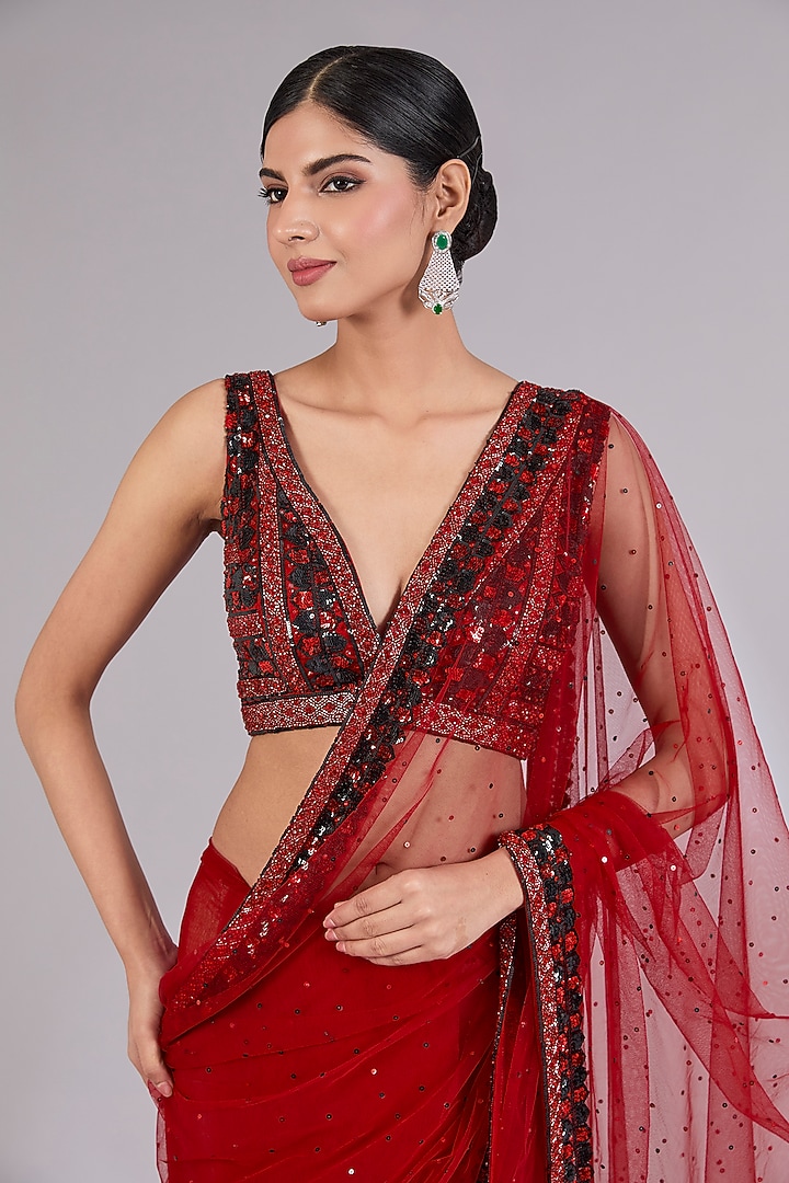 Red Net Wedding Saree Set by Angad Singh at Pernia's Pop Up Shop