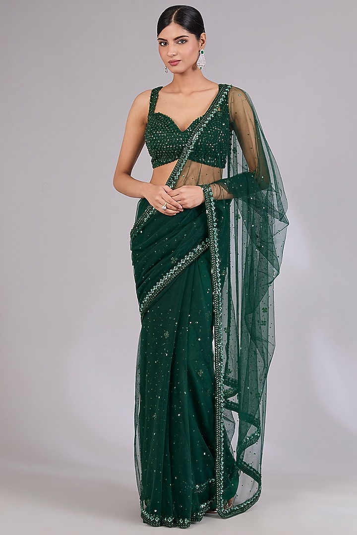 Green Net Wedding Saree Set by Angad Singh at Pernia's Pop Up Shop