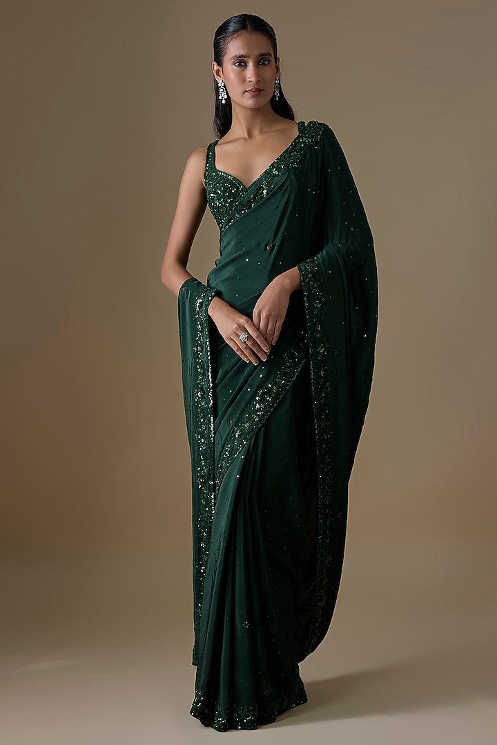 Green Crepe Wedding Saree Set by Angad Singh at Pernia's Pop Up Shop