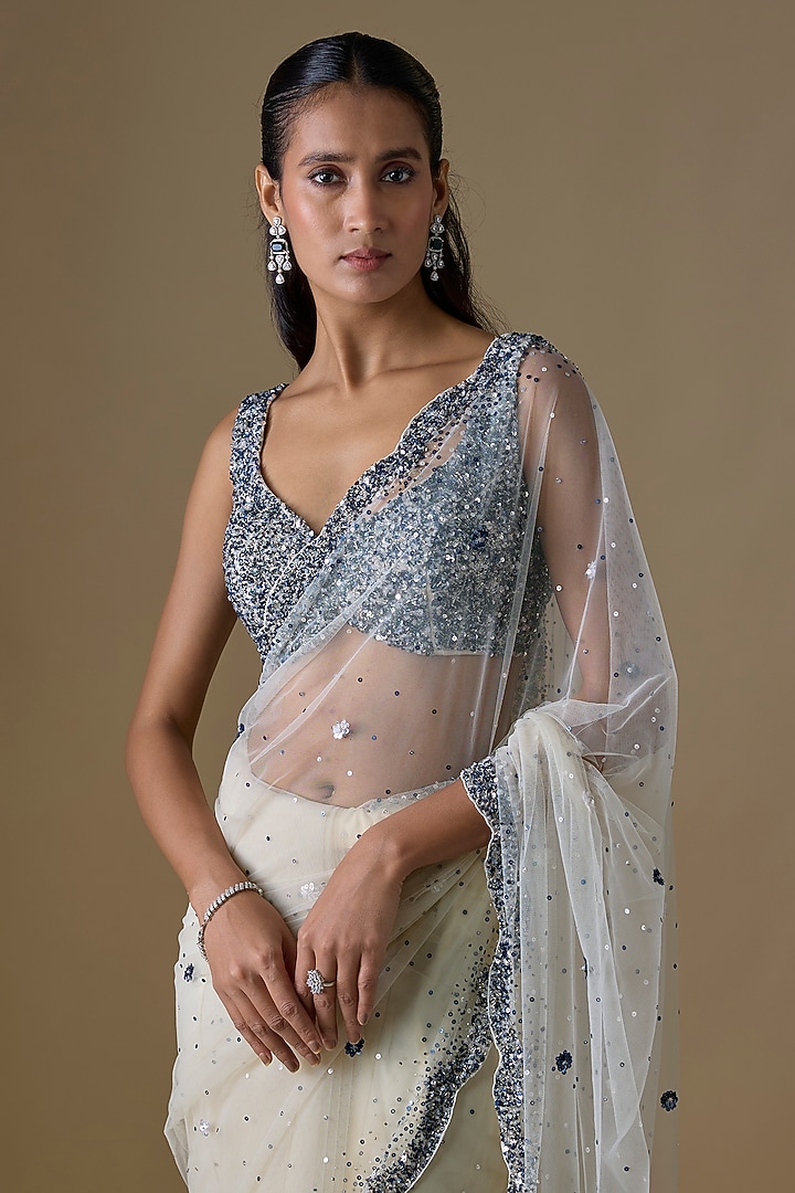 Ivory Net Wedding Saree Set by Angad Singh at Pernia's Pop Up Shop
