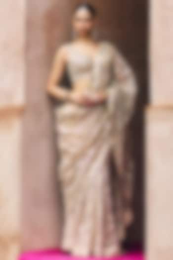 Rose Gold Net Floral Motif Wedding Saree Set by Angad Singh at Pernia's Pop Up Shop