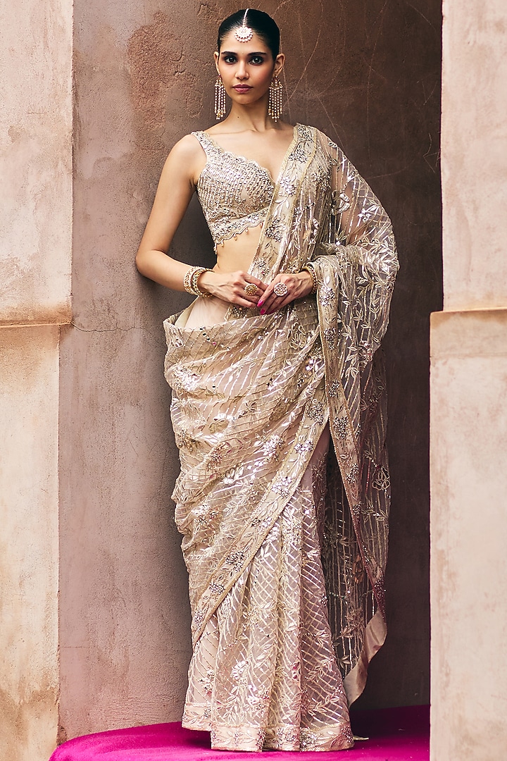 Rose Gold Net Floral Motif Wedding Saree Set by Angad Singh at Pernia's Pop Up Shop