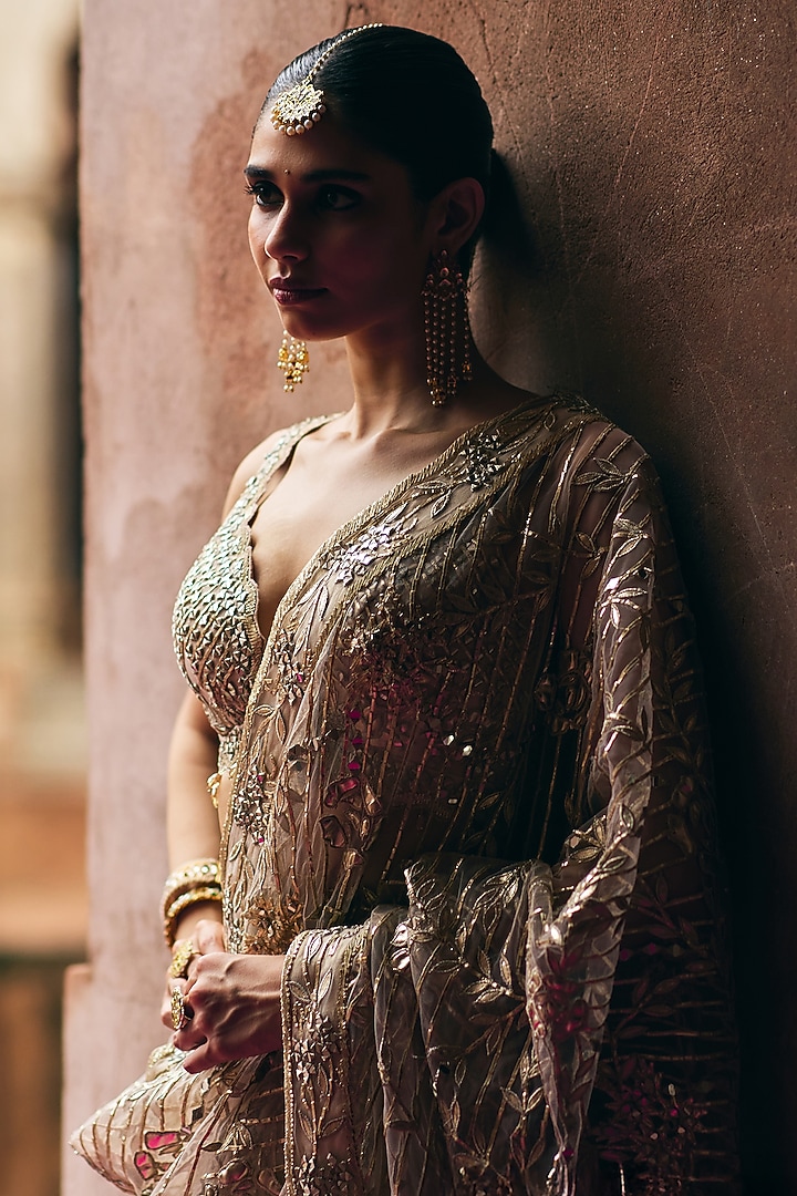 Rose Gold Net Floral Motif Wedding Saree Set by Angad Singh at Pernia's Pop Up Shop