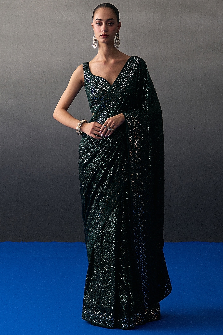 Green Sequins Mirror Embroidered Wedding Saree Set by Angad Singh at Pernia's Pop Up Shop