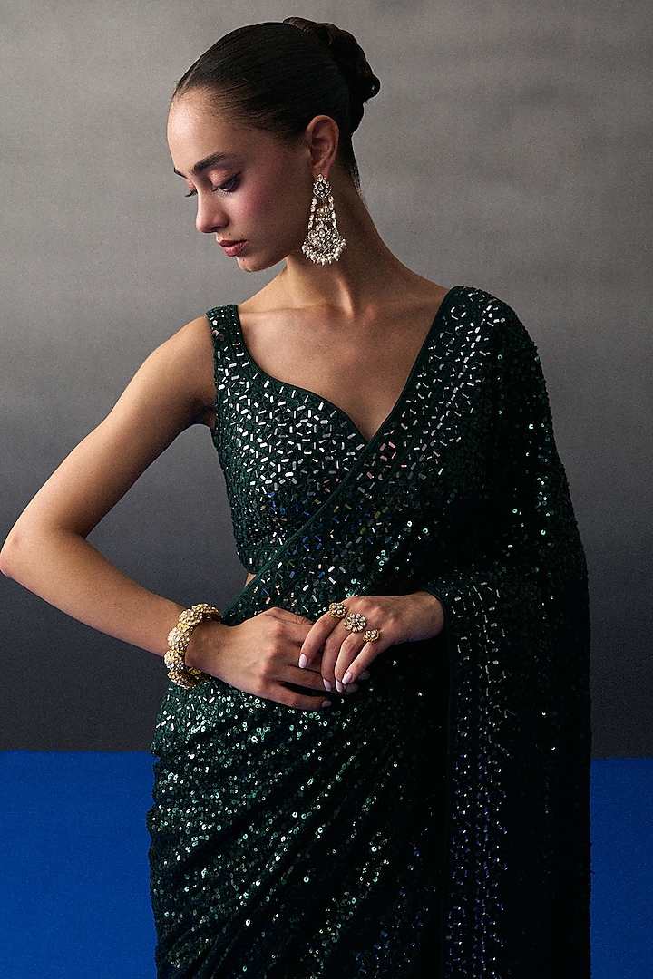 Green Sequins Mirror Embroidered Wedding Saree Set by Angad Singh at Pernia's Pop Up Shop