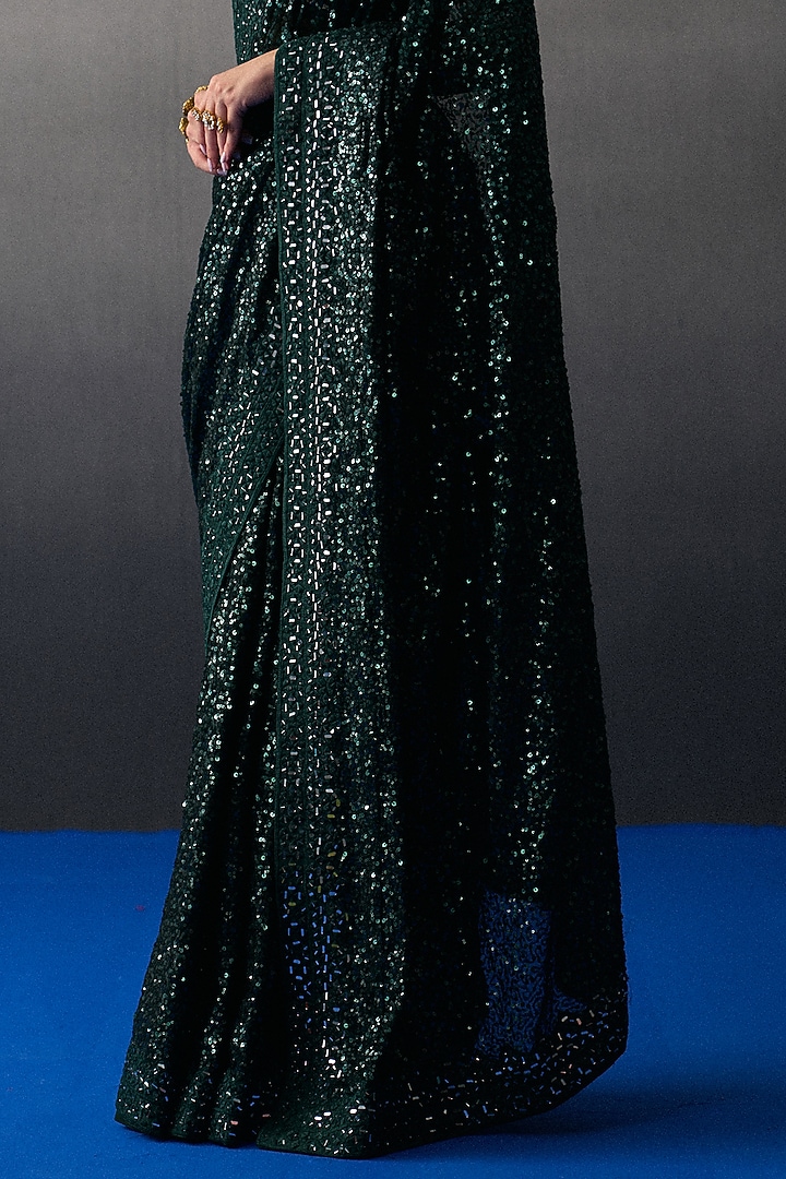 Green Sequins Mirror Embroidered Wedding Saree Set by Angad Singh at Pernia's Pop Up Shop
