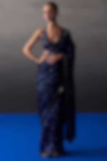 Midnight Blue Sequins Mirror Embroidered Wedding Saree Set by Angad Singh at Pernia's Pop Up Shop