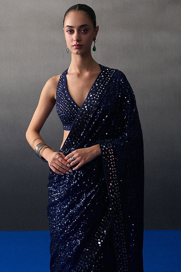 Midnight Blue Sequins Mirror Embroidered Wedding Saree Set by Angad Singh at Pernia's Pop Up Shop