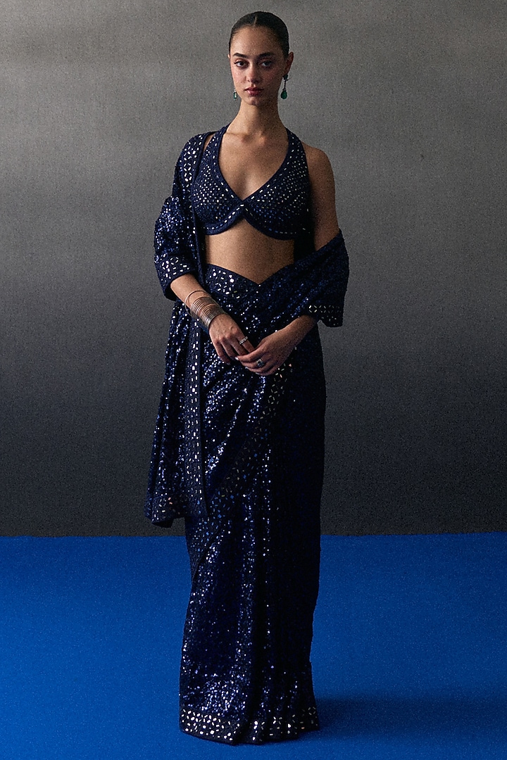 Midnight Blue Sequins Mirror Embroidered Wedding Saree Set by Angad Singh at Pernia's Pop Up Shop