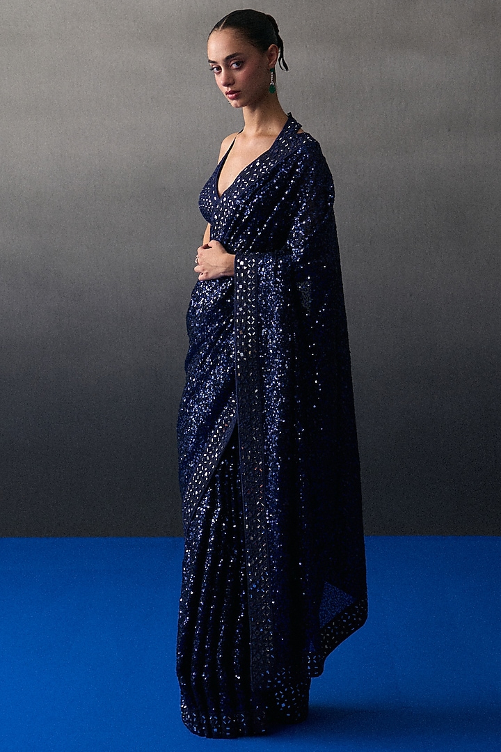 Midnight Blue Sequins Mirror Embroidered Wedding Saree Set by Angad Singh at Pernia's Pop Up Shop