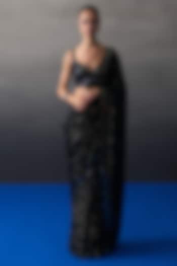 Black Sequins Mirror Embroidered Wedding Saree Set by Angad Singh at Pernia's Pop Up Shop