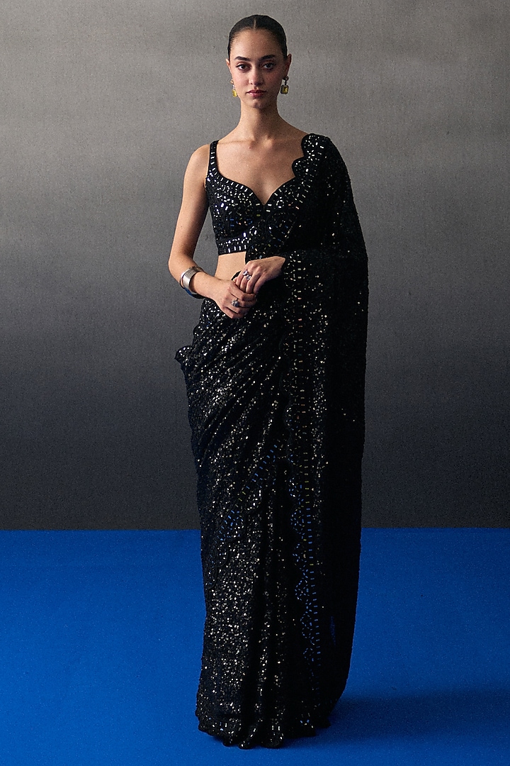 Black Sequins Mirror Embroidered Wedding Saree Set by Angad Singh at Pernia's Pop Up Shop