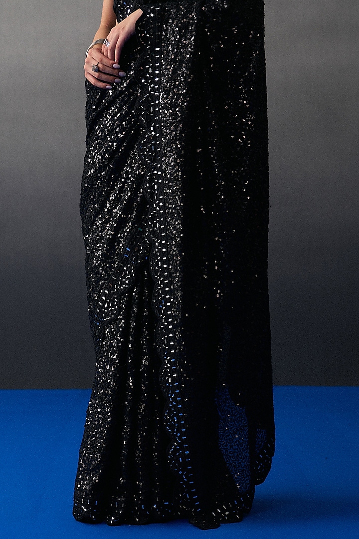 Black Sequins Mirror Embroidered Wedding Saree Set by Angad Singh at Pernia's Pop Up Shop