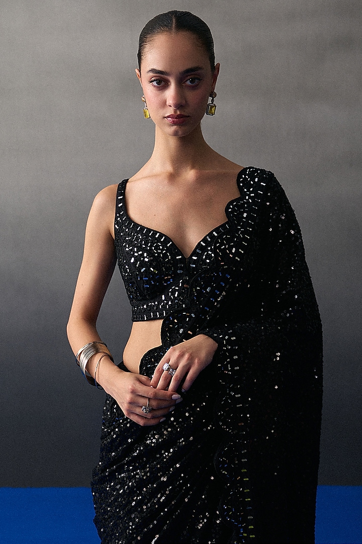 Black Sequins Mirror Embroidered Wedding Saree Set by Angad Singh at Pernia's Pop Up Shop