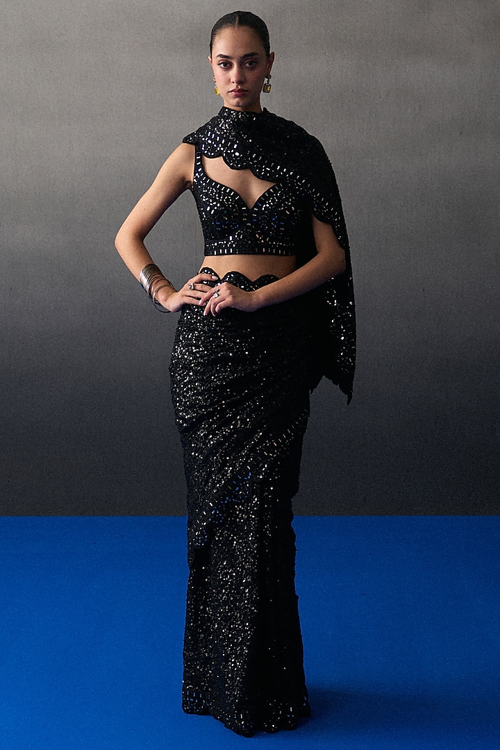 Black Sequins Mirror Embroidered Wedding Saree Set by Angad Singh at Pernia's Pop Up Shop
