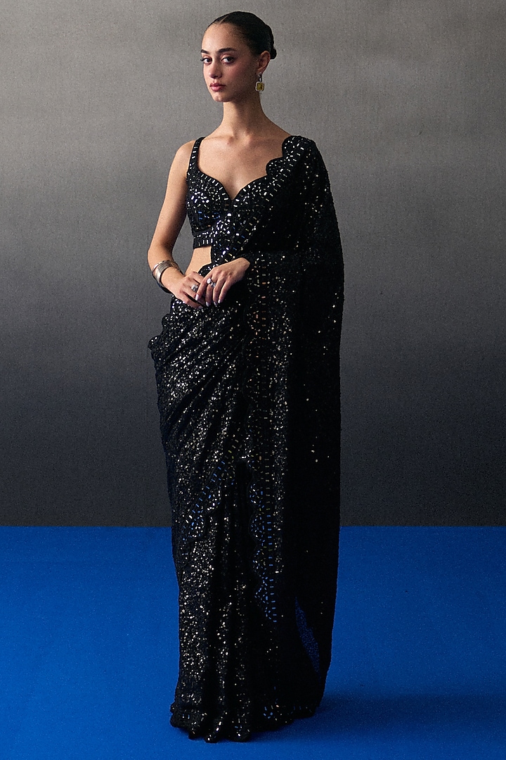 Black Sequins Mirror Embroidered Wedding Saree Set by Angad Singh at Pernia's Pop Up Shop