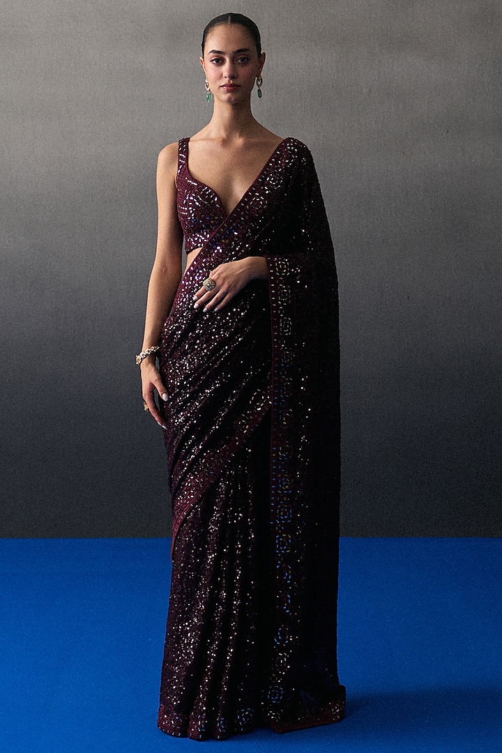 Crimson Sequins Mirror Embroidered Wedding Saree Set by Angad Singh at Pernia's Pop Up Shop