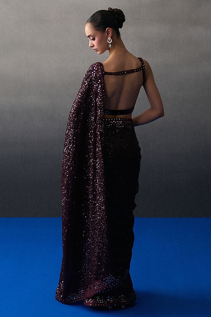 Crimson Sequins Mirror Embroidered Wedding Saree Set by Angad Singh at Pernia's Pop Up Shop