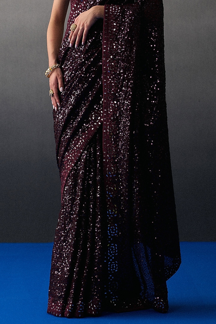 Crimson Sequins Mirror Embroidered Wedding Saree Set by Angad Singh at Pernia's Pop Up Shop