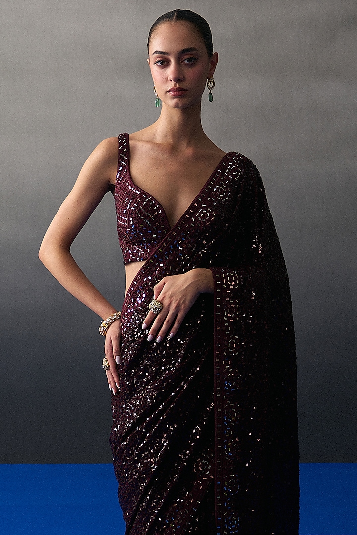 Crimson Sequins Mirror Embroidered Wedding Saree Set by Angad Singh at Pernia's Pop Up Shop