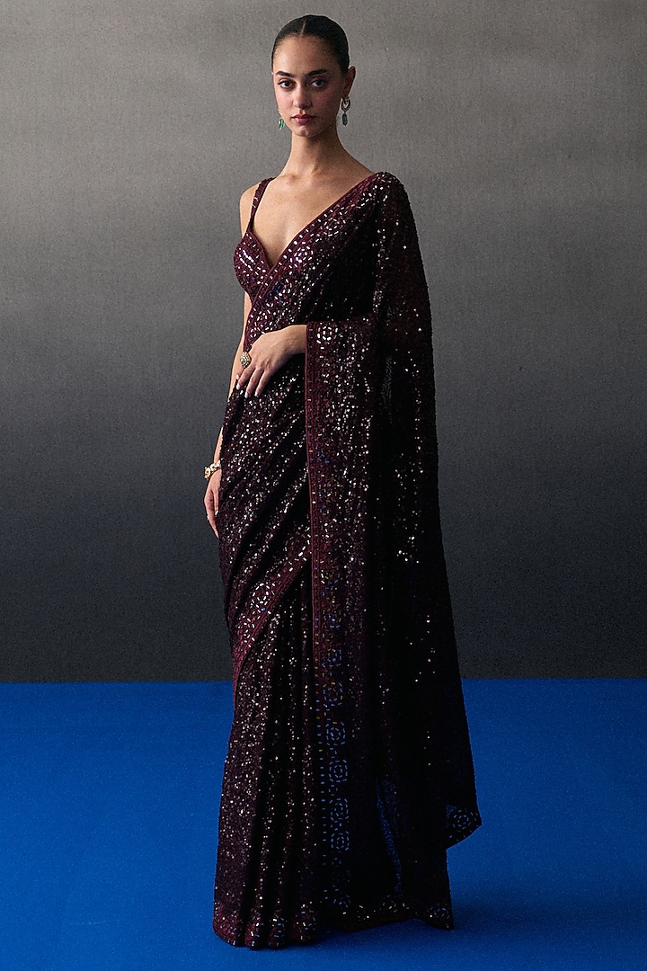 Crimson Sequins Mirror Embroidered Wedding Saree Set by Angad Singh at Pernia's Pop Up Shop