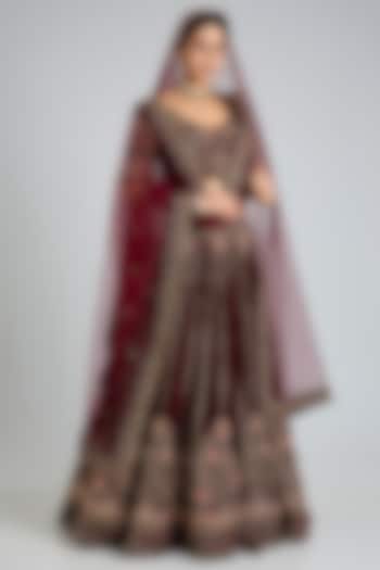 Maroon Velvet Embroidered Wedding Lehenga Set by Angad Singh at Pernia's Pop Up Shop