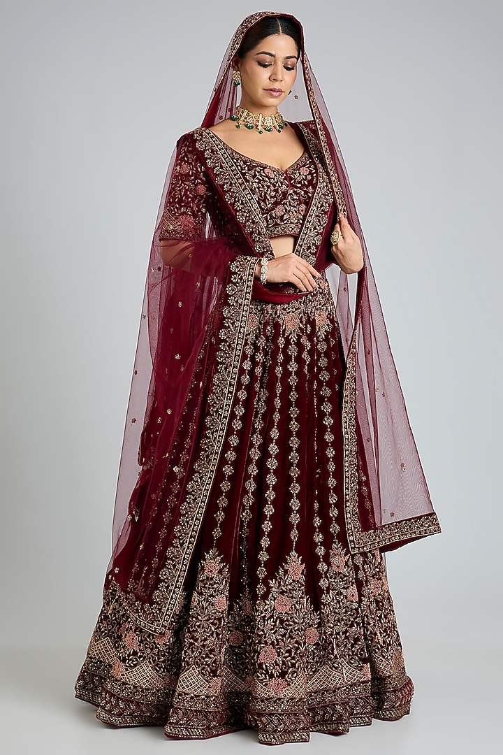 Maroon Velvet Embroidered Wedding Lehenga Set by Angad Singh at Pernia's Pop Up Shop