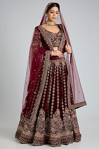 Maroon Velvet Embroidered Lehenga Set by Angad Singh