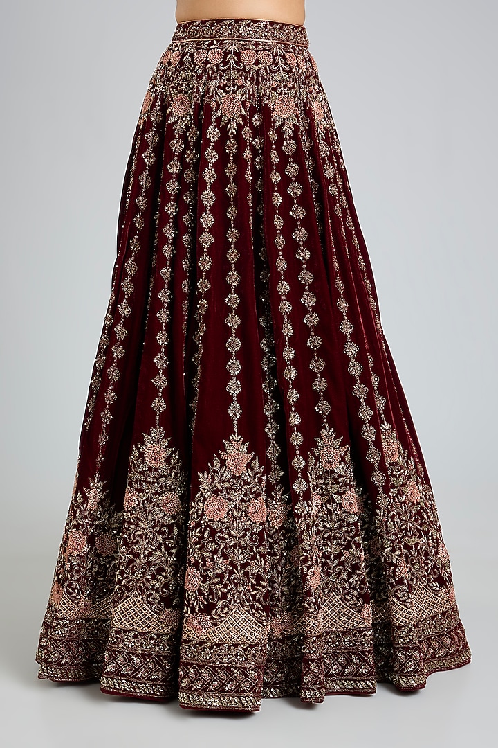 Maroon Velvet Embroidered Wedding Lehenga Set by Angad Singh at Pernia's Pop Up Shop