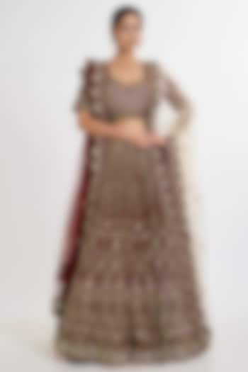 Maroon Raw Silk Embroidered Bridal Lehenga Set by Angad Singh at Pernia's Pop Up Shop