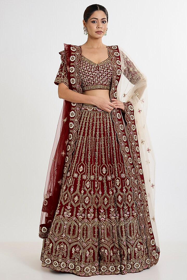 Maroon Raw Silk Embroidered Bridal Lehenga Set by Angad Singh at Pernia's Pop Up Shop