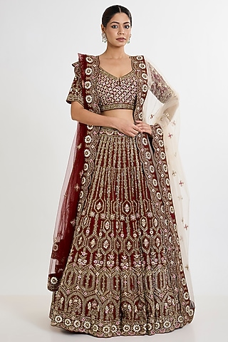 Maroon Raw Silk Embroidered Lehenga Set by Angad Singh