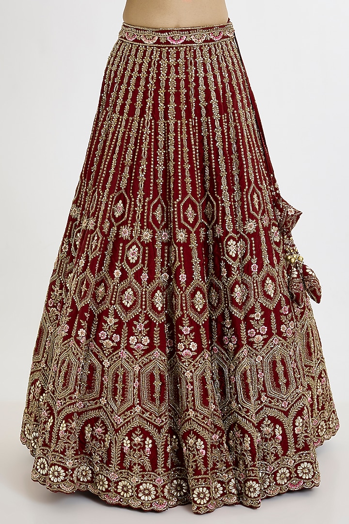 Maroon Raw Silk Embroidered Bridal Lehenga Set by Angad Singh at Pernia's Pop Up Shop