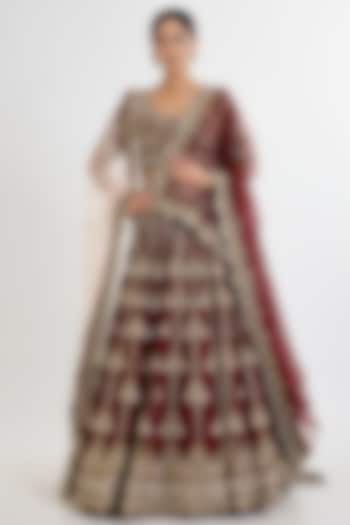 Maroon Raw Silk Embroidered Bridal Lehenga Set by Angad Singh at Pernia's Pop Up Shop