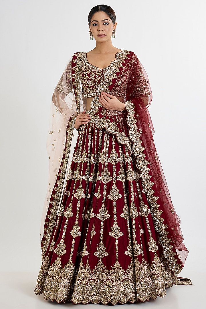 Maroon Raw Silk Embroidered Bridal Lehenga Set by Angad Singh at Pernia's Pop Up Shop