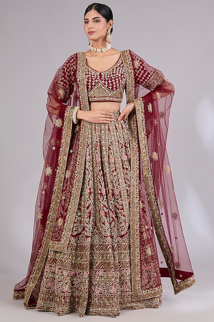 Maroon Raw Silk Bridal Lehenga Set by Angad Singh at Pernia's Pop Up Shop