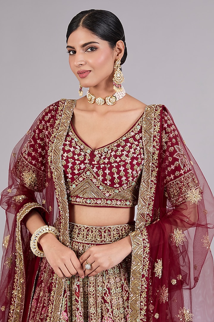 Maroon Raw Silk Bridal Lehenga Set by Angad Singh at Pernia's Pop Up Shop