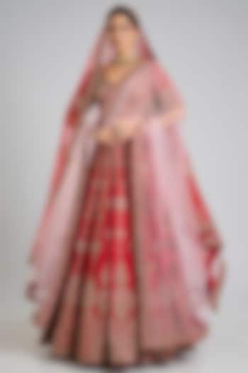 Red Raw Silk Embroidered Bridal Lehenga Set by Angad Singh at Pernia's Pop Up Shop