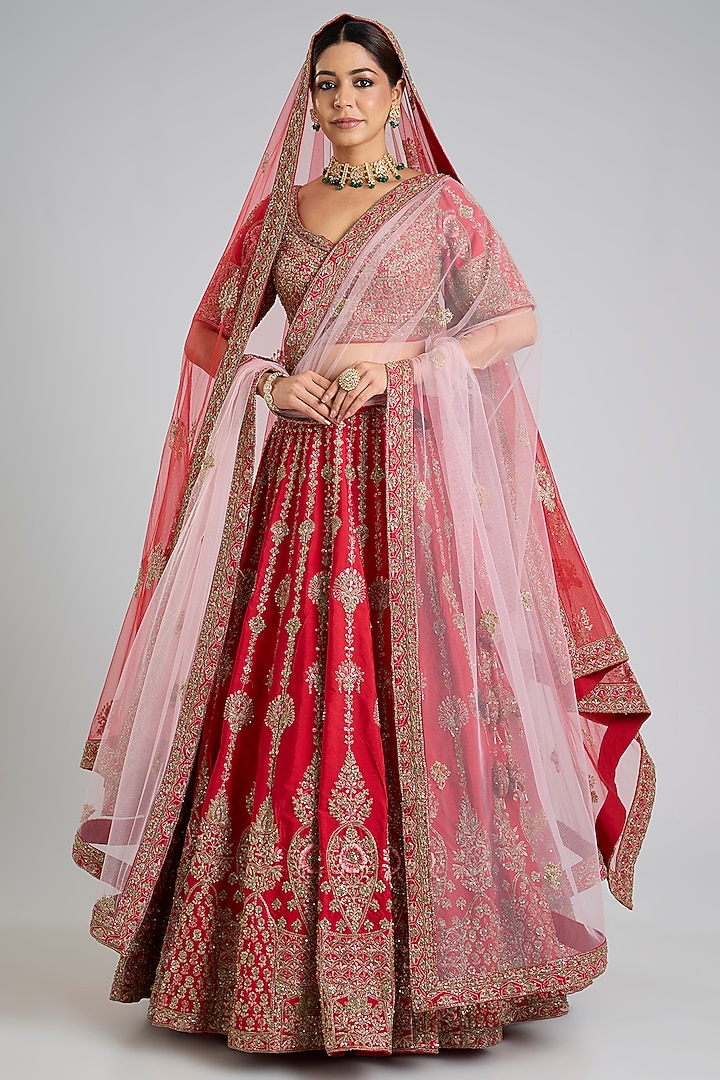 Red Raw Silk Embroidered Bridal Lehenga Set by Angad Singh at Pernia's Pop Up Shop