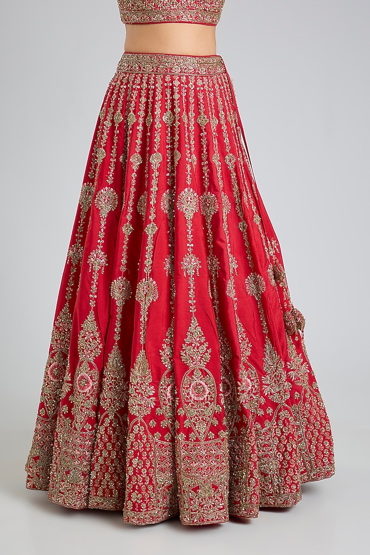 Red Raw Silk Embroidered Bridal Lehenga Set by Angad Singh at Pernia's Pop Up Shop