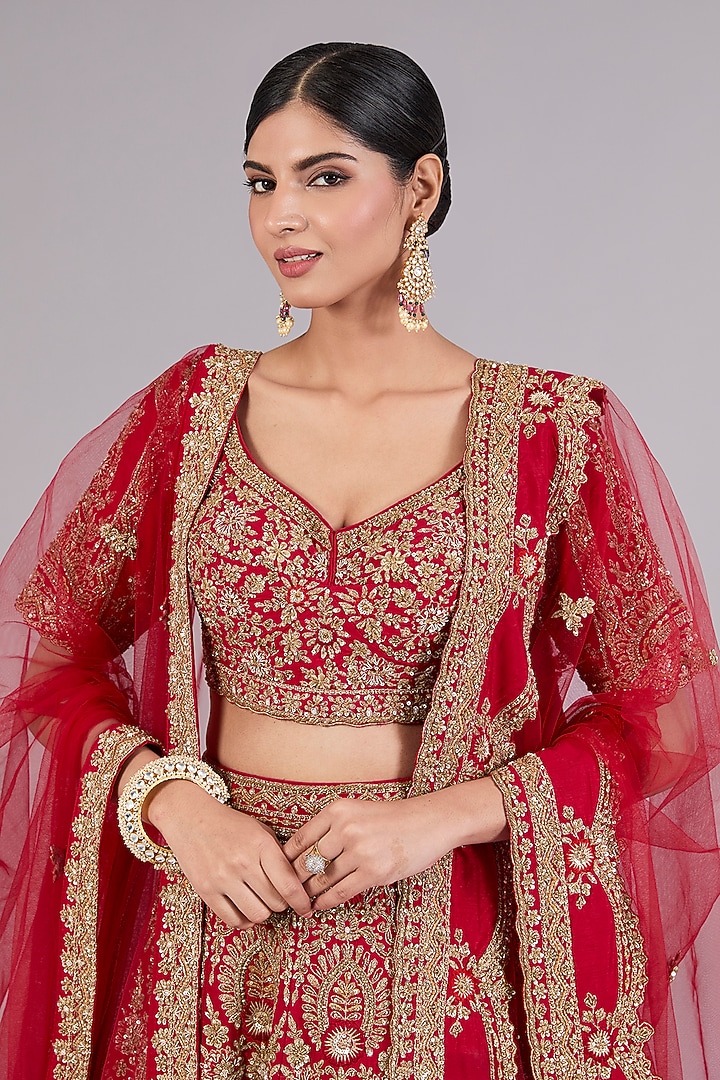 Red Raw Silk Bridal Lehenga Set by Angad Singh at Pernia's Pop Up Shop