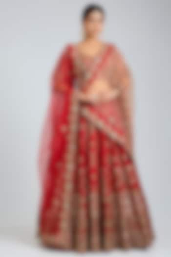Red Raw Silk Embroidered Bridal Lehenga Set by Angad Singh at Pernia's Pop Up Shop