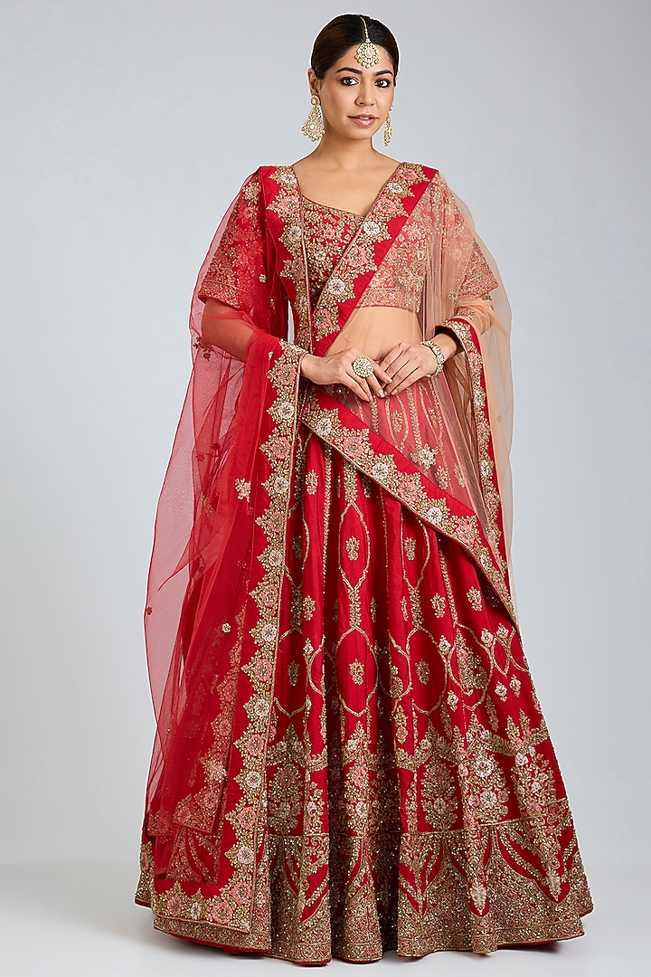 Red Raw Silk Embroidered Bridal Lehenga Set by Angad Singh at Pernia's Pop Up Shop