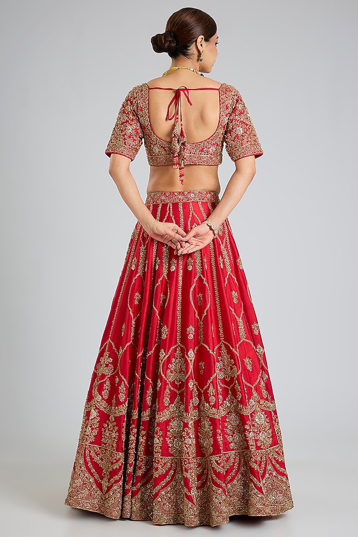 Red Raw Silk Embroidered Bridal Lehenga Set by Angad Singh at Pernia's Pop Up Shop