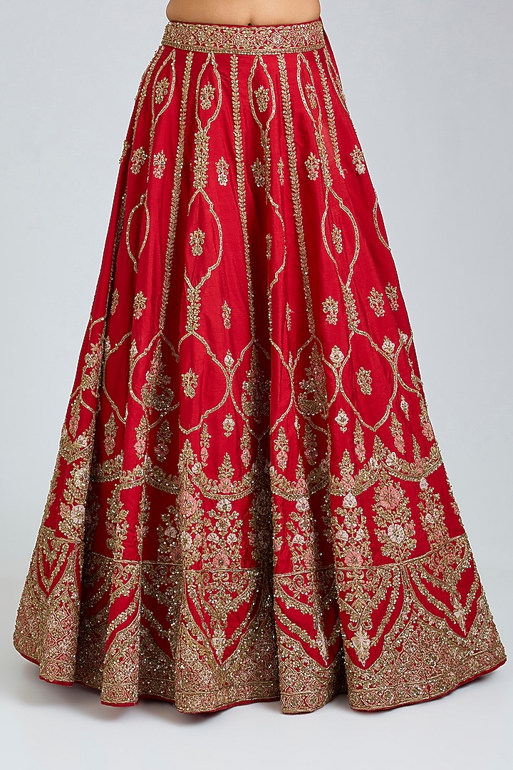 Red Raw Silk Embroidered Bridal Lehenga Set by Angad Singh at Pernia's Pop Up Shop
