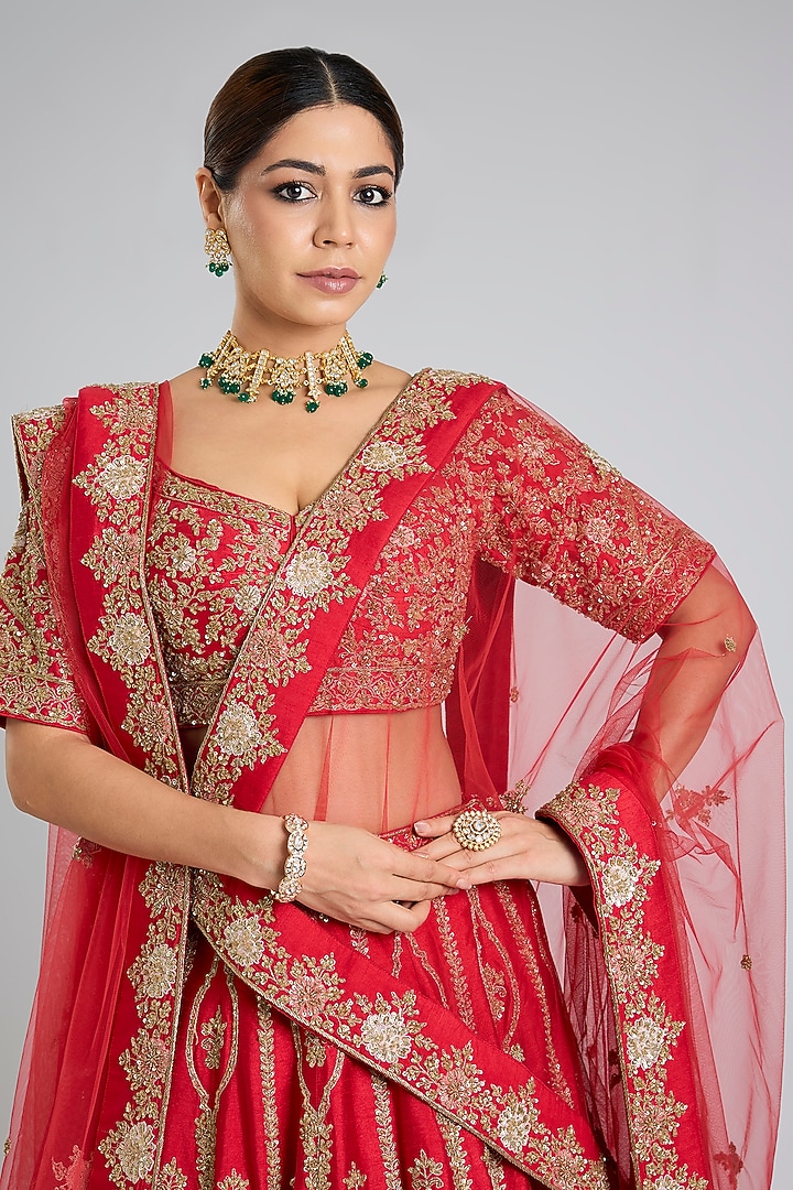 Red Raw Silk Embroidered Bridal Lehenga Set by Angad Singh at Pernia's Pop Up Shop