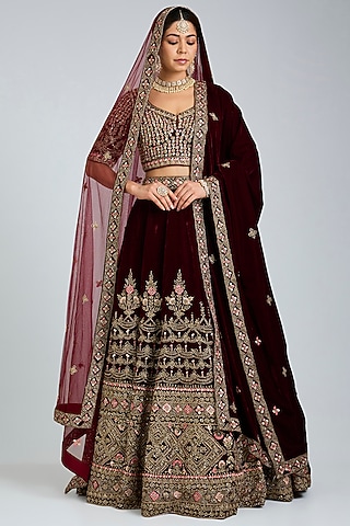 Maroon Velvet Embroidered Lehenga Set by Angad Singh