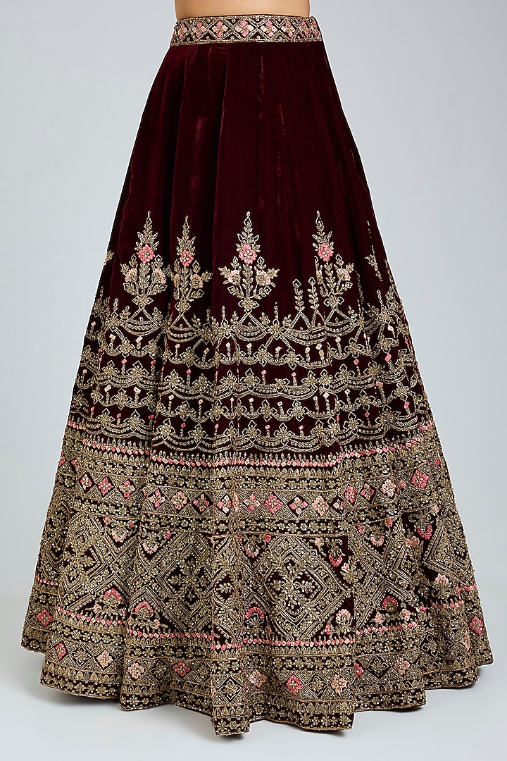 Maroon Velvet Embroidered Wedding Lehenga Set by Angad Singh at Pernia's Pop Up Shop